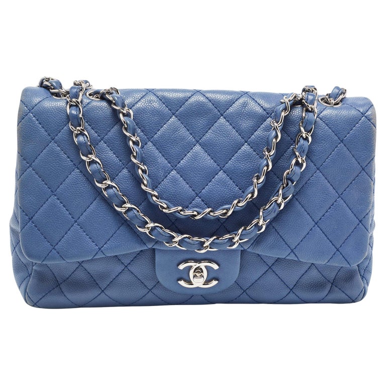 Chanel Blue Quilted Caviar Leather Jumbo Classic Single Flap Bag For Sale  at 1stDibs