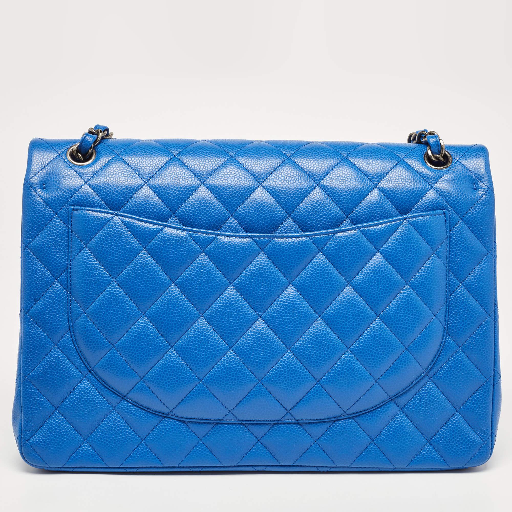 Chanel Blue Quilted Caviar Leather Maxi Classic Double Flap Bag For Sale 6