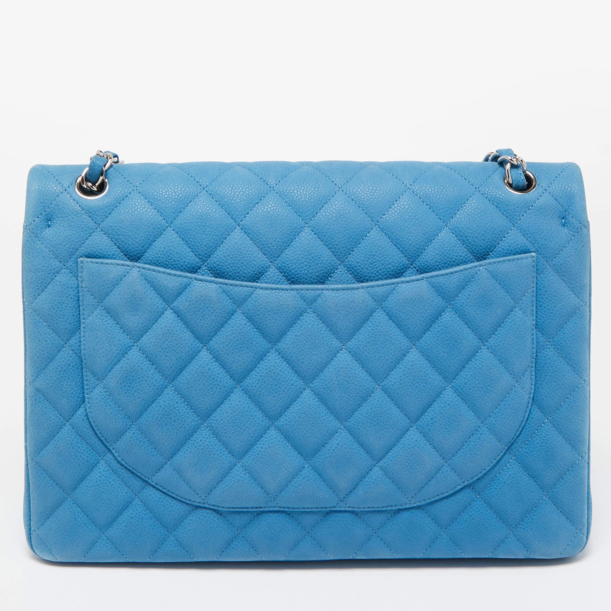 Chanel Blue Quilted Caviar Leather Maxi Classic Double Flap Bag For Sale 9
