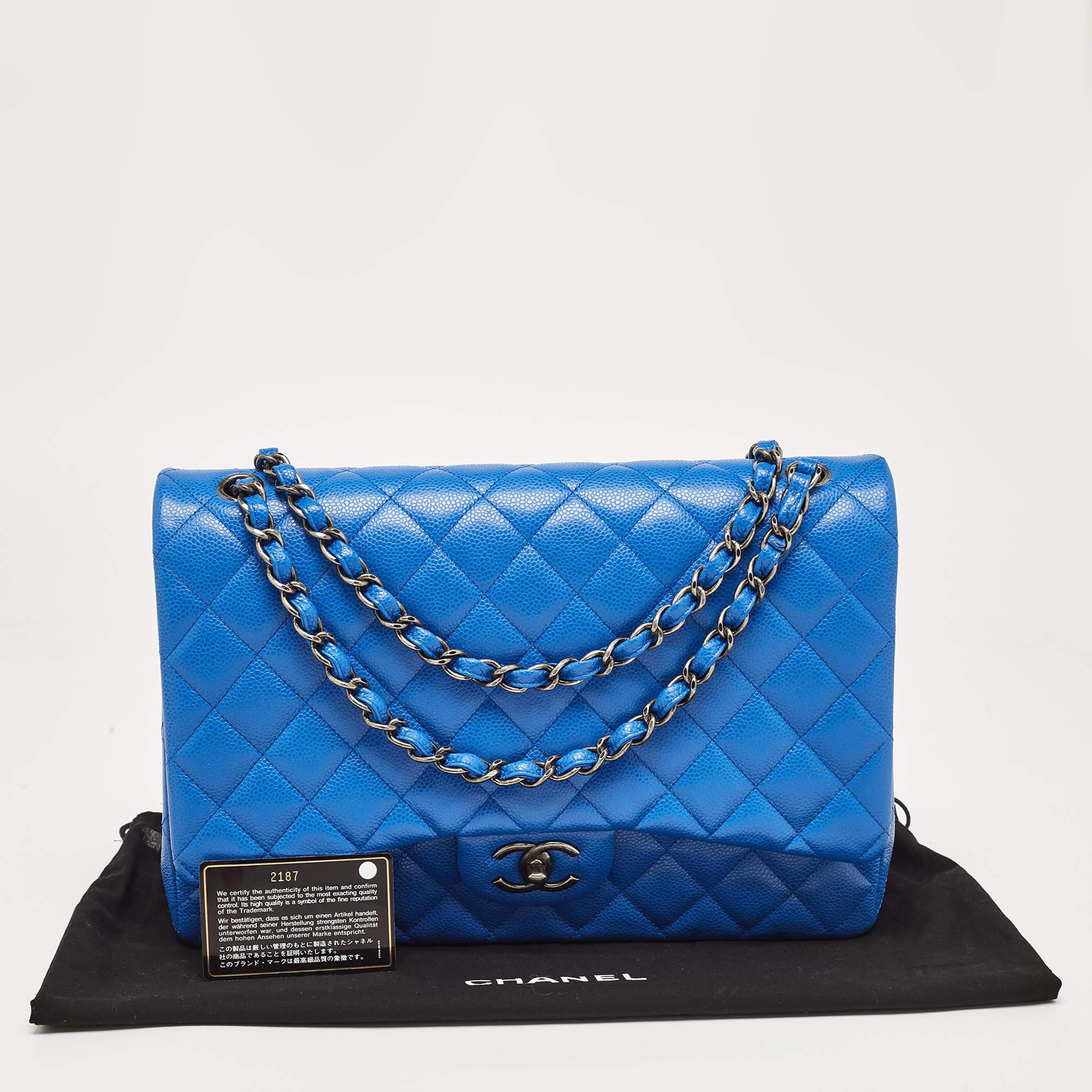 Chanel Blue Quilted Caviar Leather Maxi Classic Double Flap Bag For Sale 10