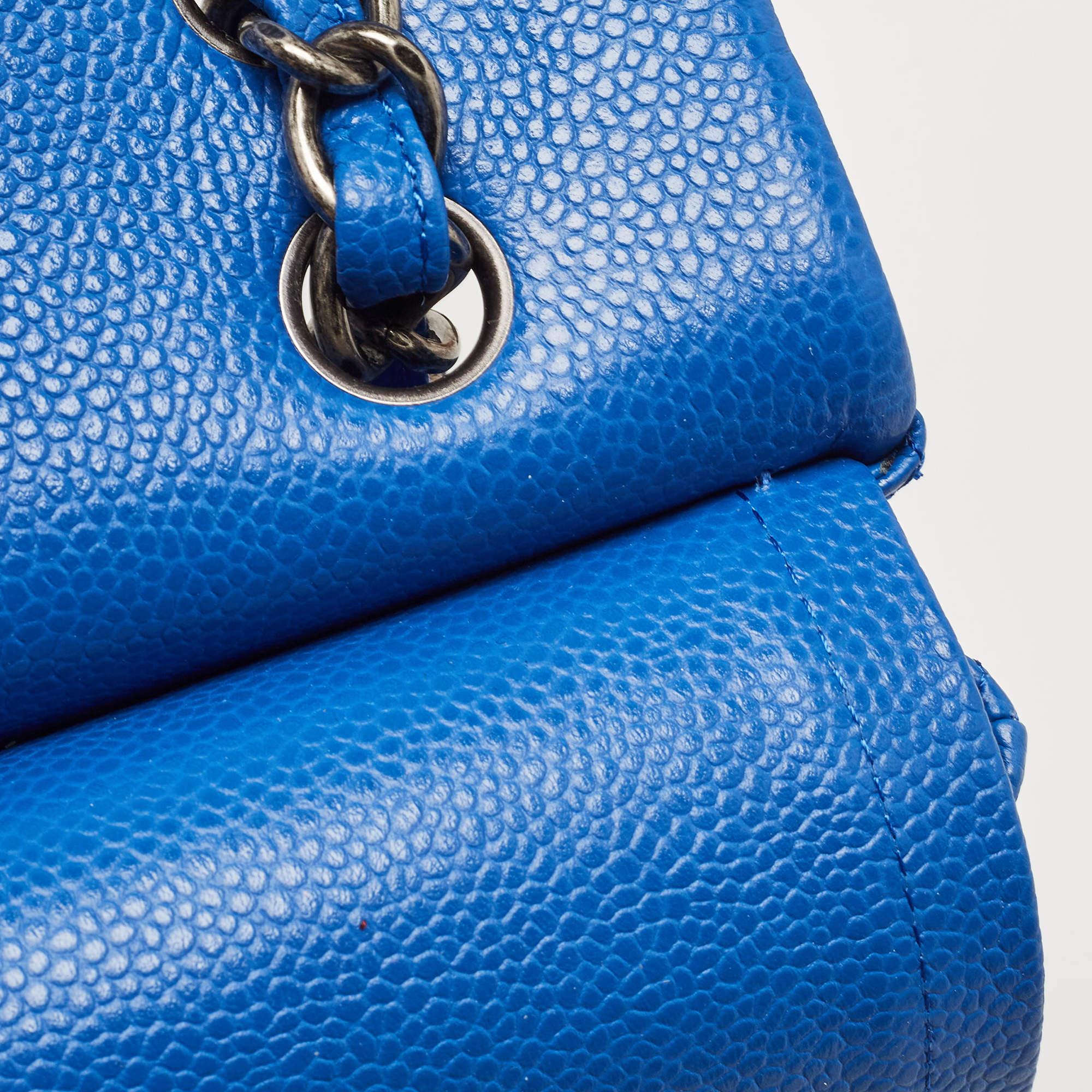 Chanel Blue Quilted Caviar Leather Maxi Classic Double Flap Bag For Sale 3