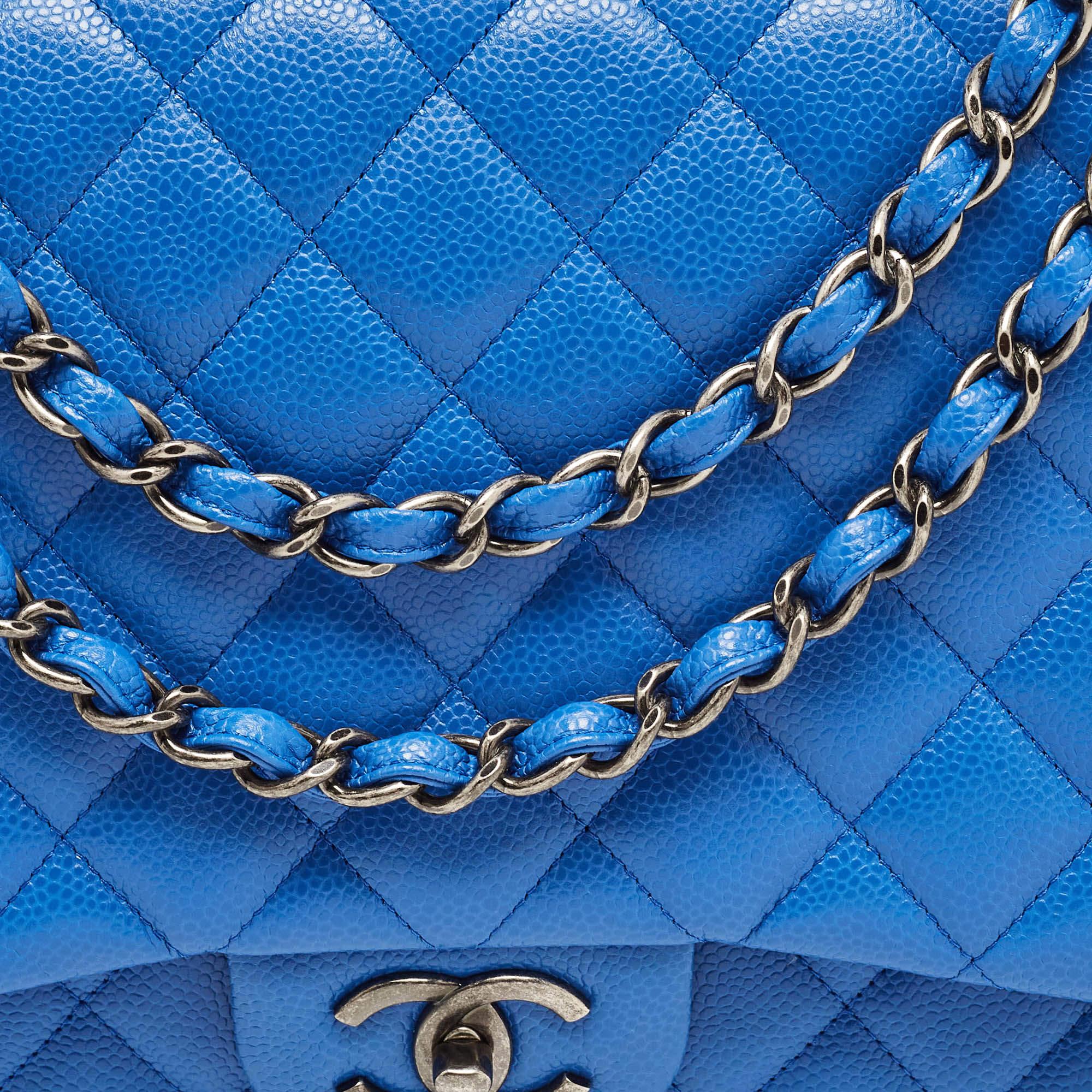 Chanel Blue Quilted Caviar Leather Maxi Classic Double Flap Bag For Sale 5
