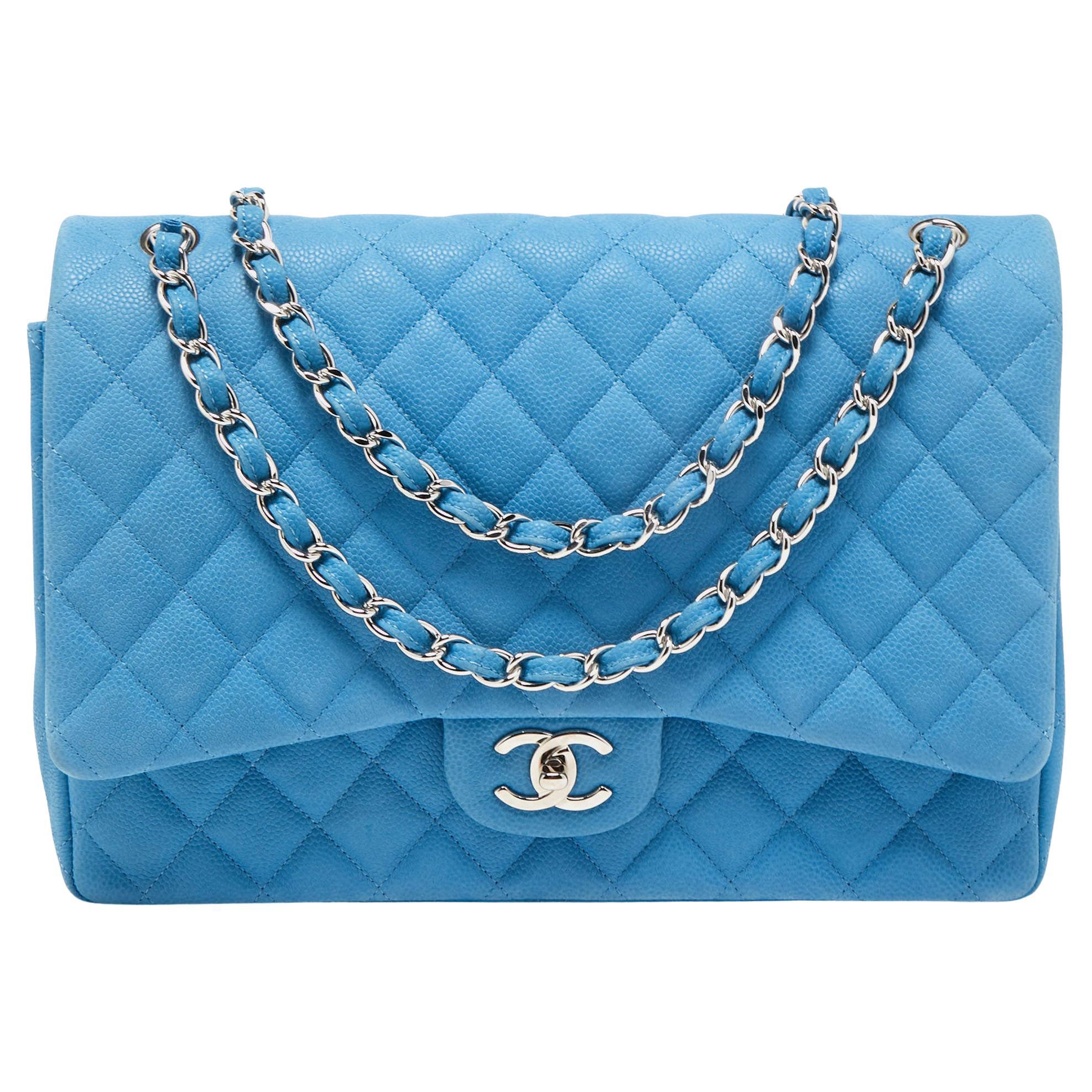 Chanel Blue Quilted Caviar Leather Maxi Classic Double Flap Bag For Sale