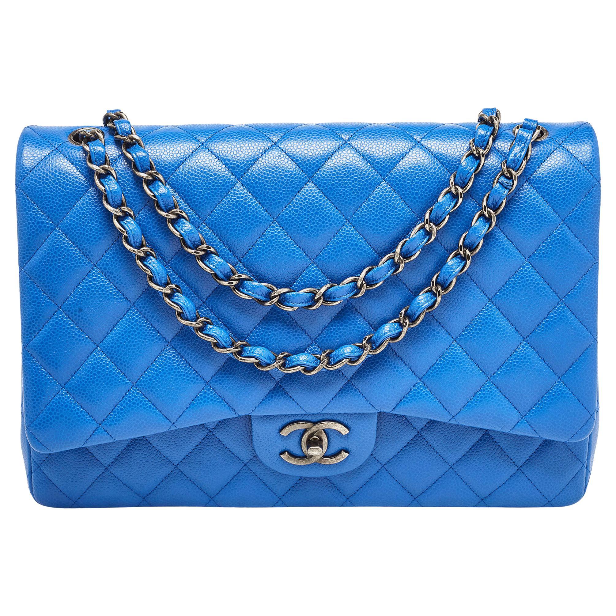 Chanel Blue Quilted Caviar Leather Maxi Classic Double Flap Bag For Sale