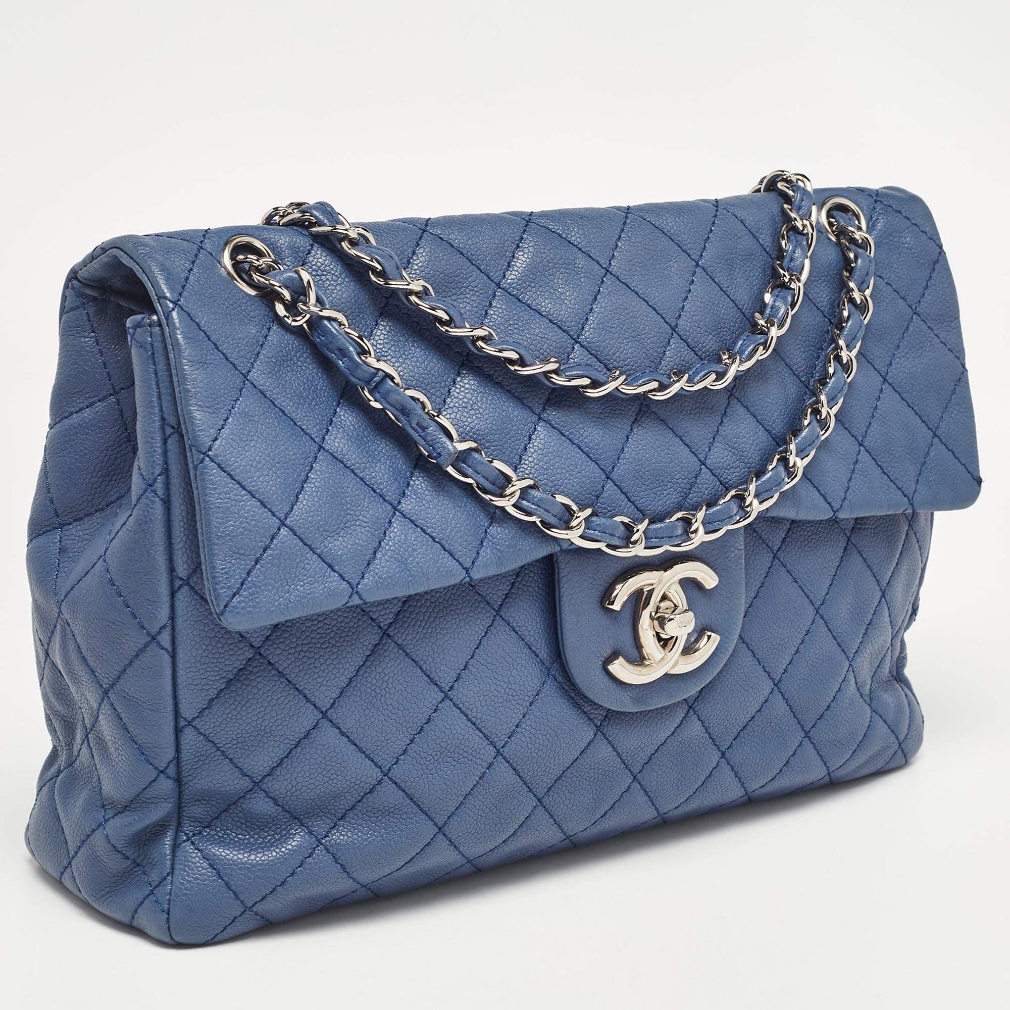 Chanel Azul Acolchado Caviar Piel Maxi Classic Bolso Solapa Simple Gris