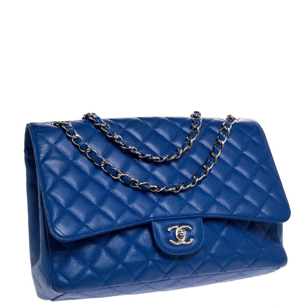 Chanel Blue Quilted Caviar Leather Maxi Classic Single Flap Bag In Good Condition In Dubai, Al Qouz 2