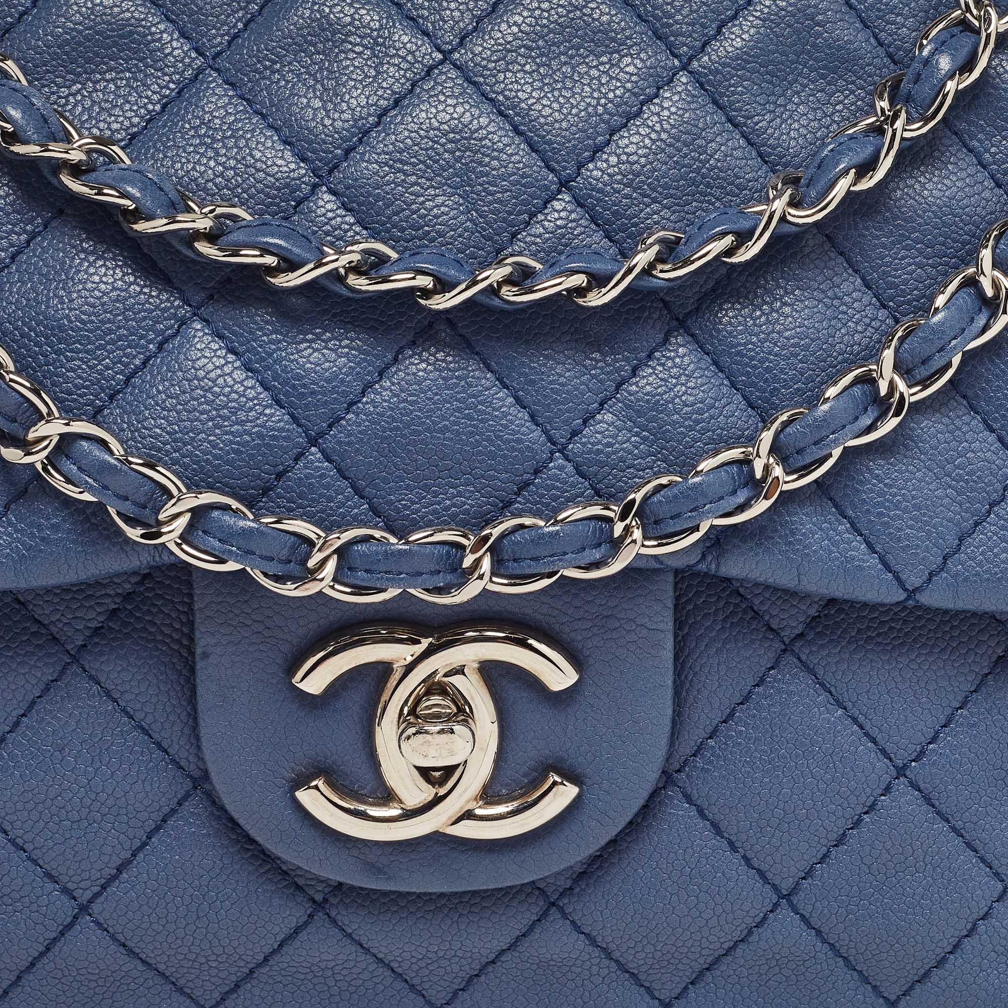 De las mujeres Chanel Azul Acolchado Caviar Piel Maxi Classic Bolso Solapa Simple