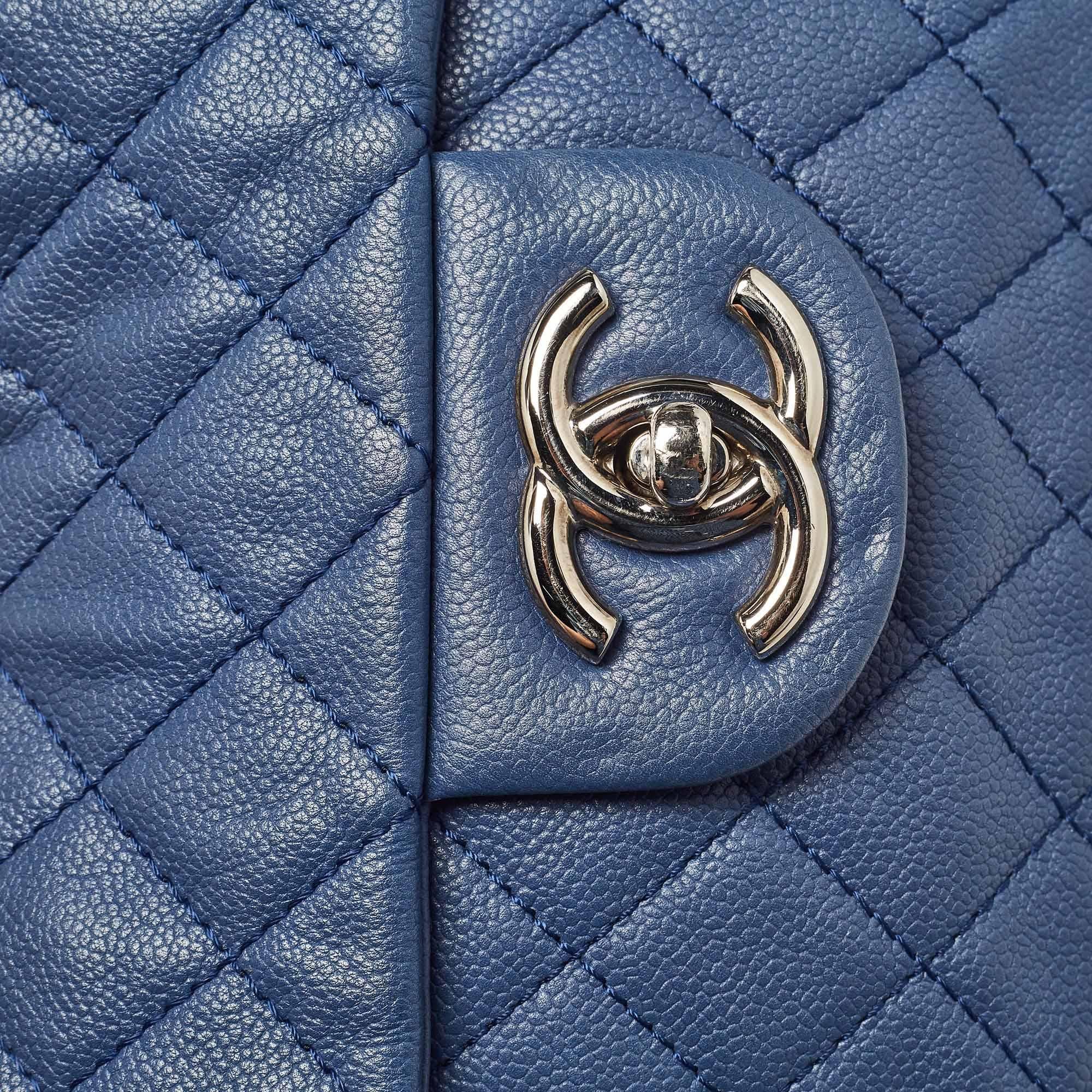 Chanel Azul Acolchado Caviar Piel Maxi Classic Bolso Solapa Simple 1