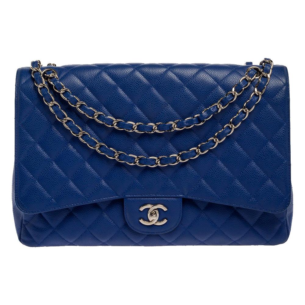 Chanel Blue Quilted Caviar Leather Maxi Classic Single Flap Bag at 1stDibs