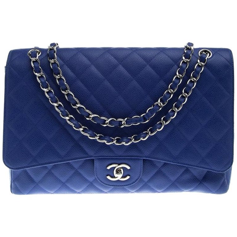 Chanel Blue Quilted Caviar Leather Maxi Classic Single Flap Bag