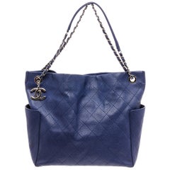 Chanel Blue Quilted Caviar Leather Medium CC Chain Pocket Tote Shoulder Bag