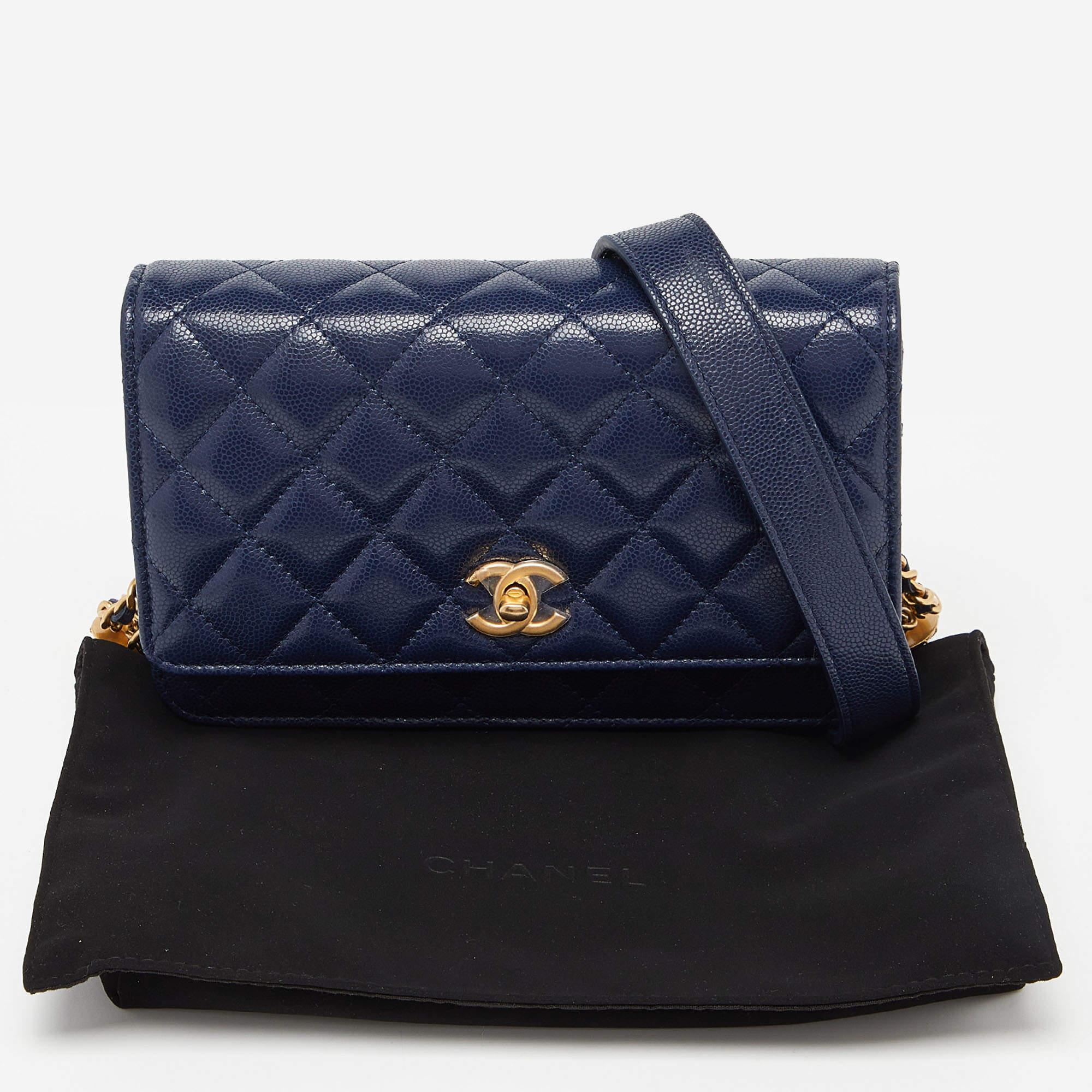 Chanel Blue Quilted Caviar Leather Wallet on Chain 8
