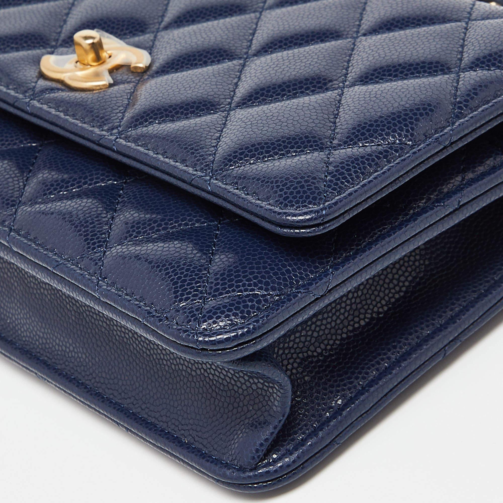 Chanel Blue Quilted Caviar Leather Wallet on Chain 4