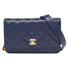 Chanel Blue Quilted Caviar Leather Wallet on Chain