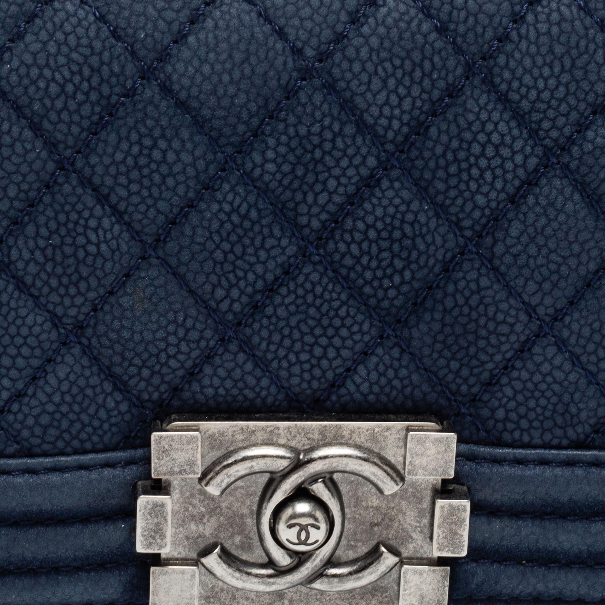 Chanel Blue Quilted Caviar Nubuck Leather Small Boy Flap Bag 6