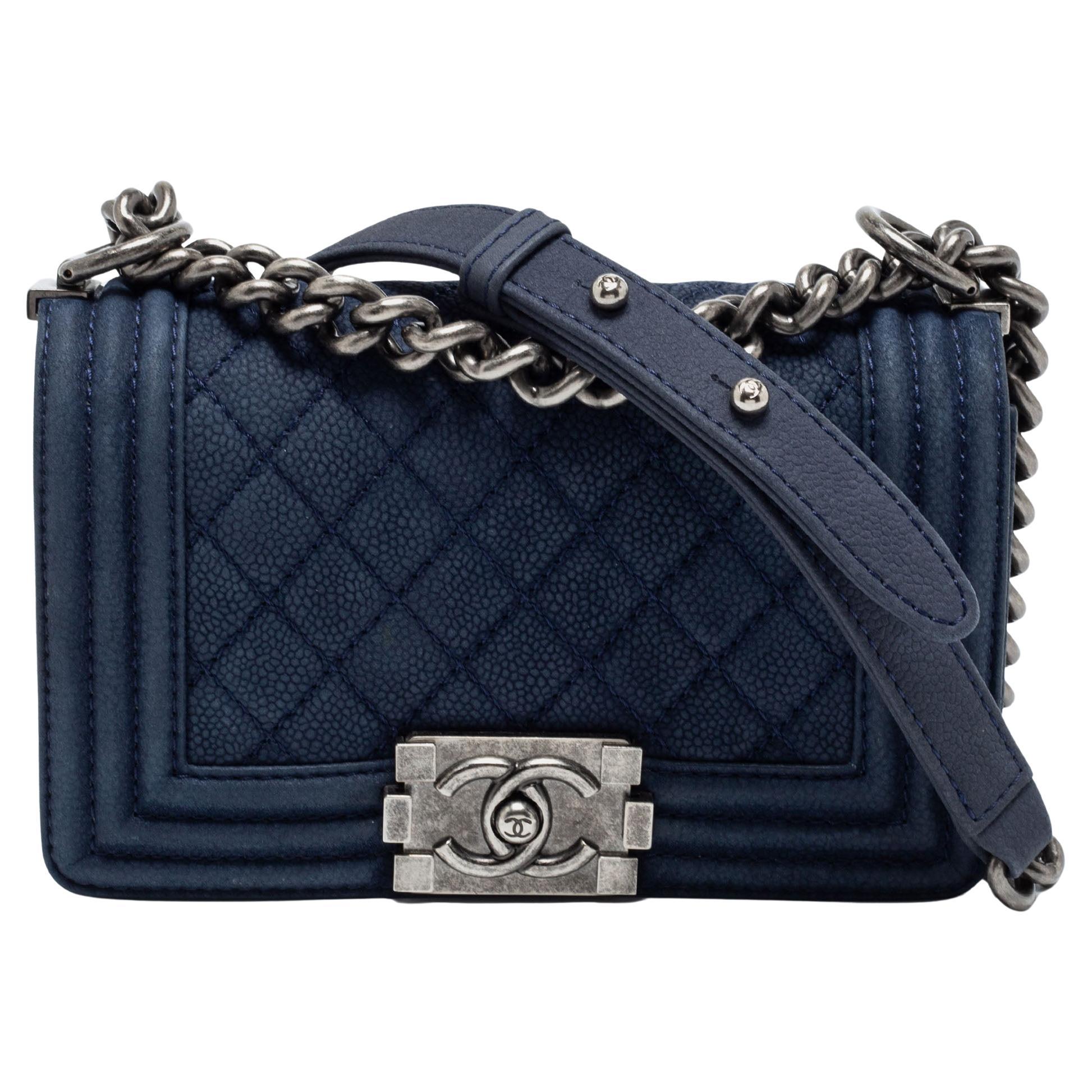 Chanel Blue Quilted Caviar Nubuck Leather Small Boy Flap Bag