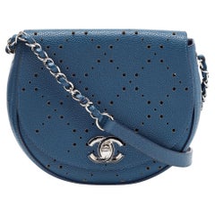 Chanel Blue Quilted Caviar Perforated Leather Crossbody Bag