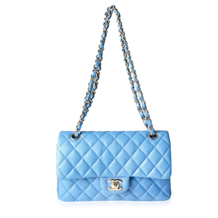 Chanel Light Blue Quilted Caviar Leather Small Classic Double Flap