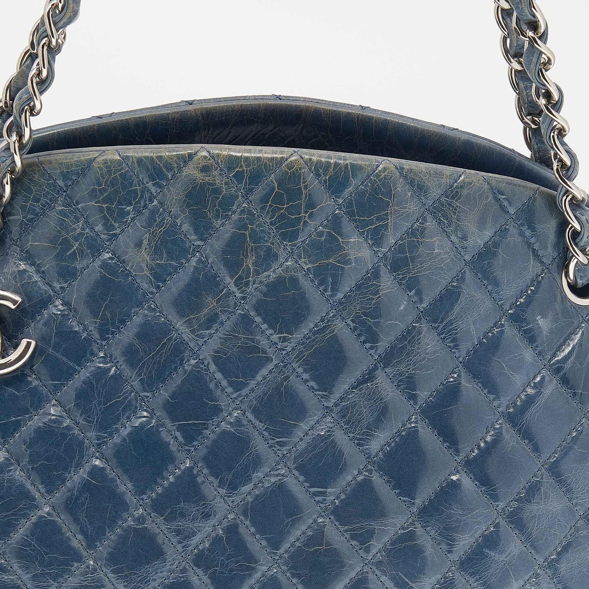 Chanel Blue Quilted Crackled Leather Large Just Mademoiselle Bowling Bag 7
