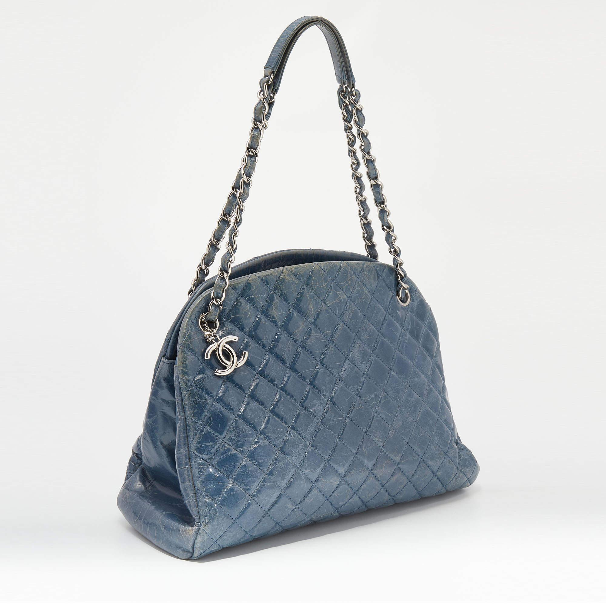 Women's Chanel Blue Quilted Crackled Leather Large Just Mademoiselle Bowling Bag