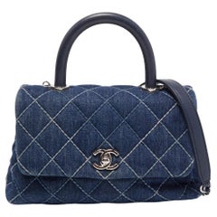 Chanel Blue Quilted Denim and Leather Mini Coco Top Handle Bag