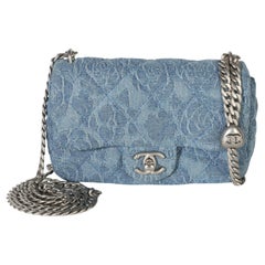 Chanel Blue Quilted Denim Camellia Sweetheart Mini Flap Bag