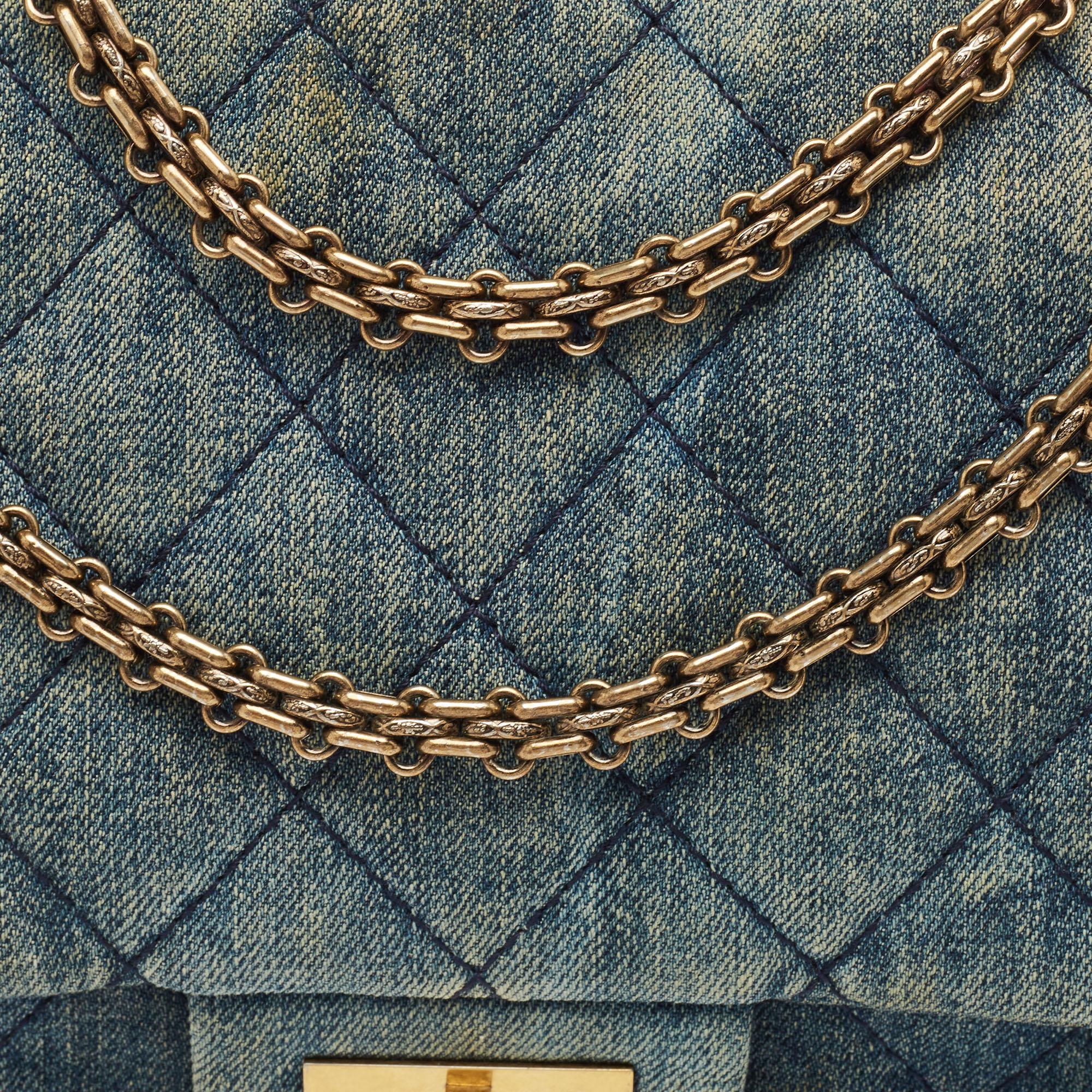 Chanel Blue Quilted Denim Classic 227 Reissue 2.55 Flap Bag For Sale 11
