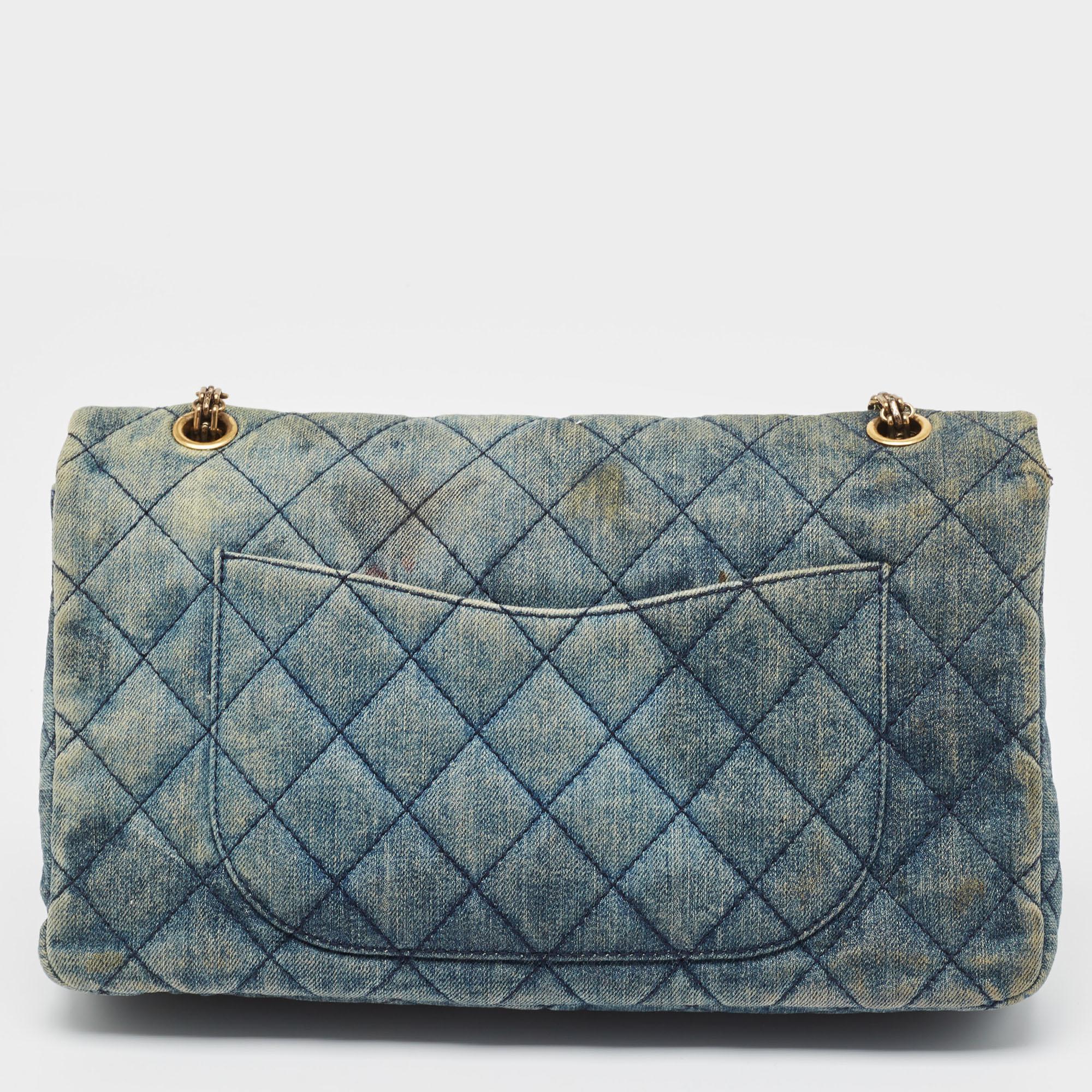 Chanel Blue Quilted Denim Classic 227 Reissue 2.55 Flap Bag For Sale 12
