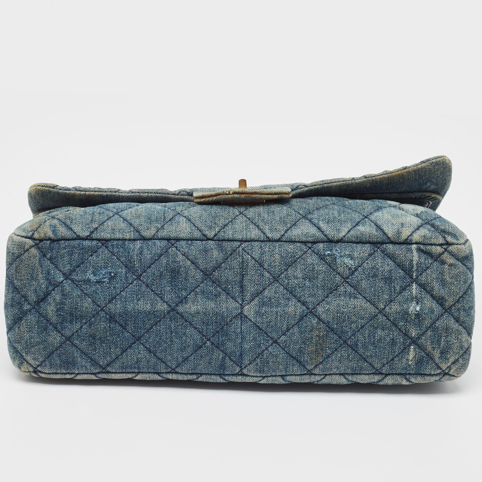 Chanel Blue Quilted Denim Classic 227 Reissue 2.55 Flap Bag For Sale 4