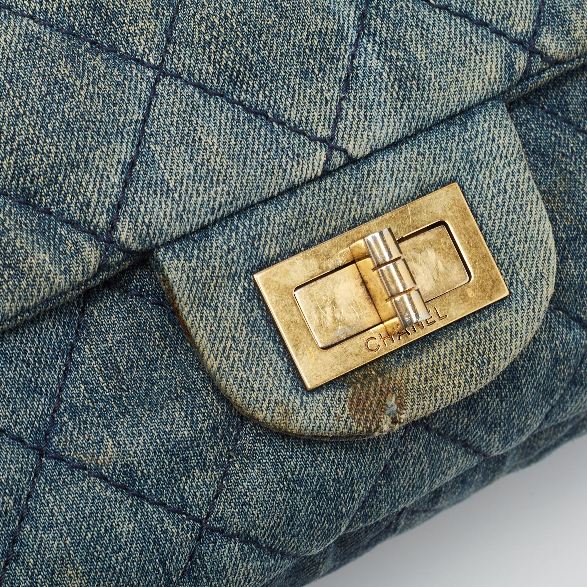 Chanel Blue Quilted Denim Classic 227 Reissue 2.55 Flap Bag For Sale 5