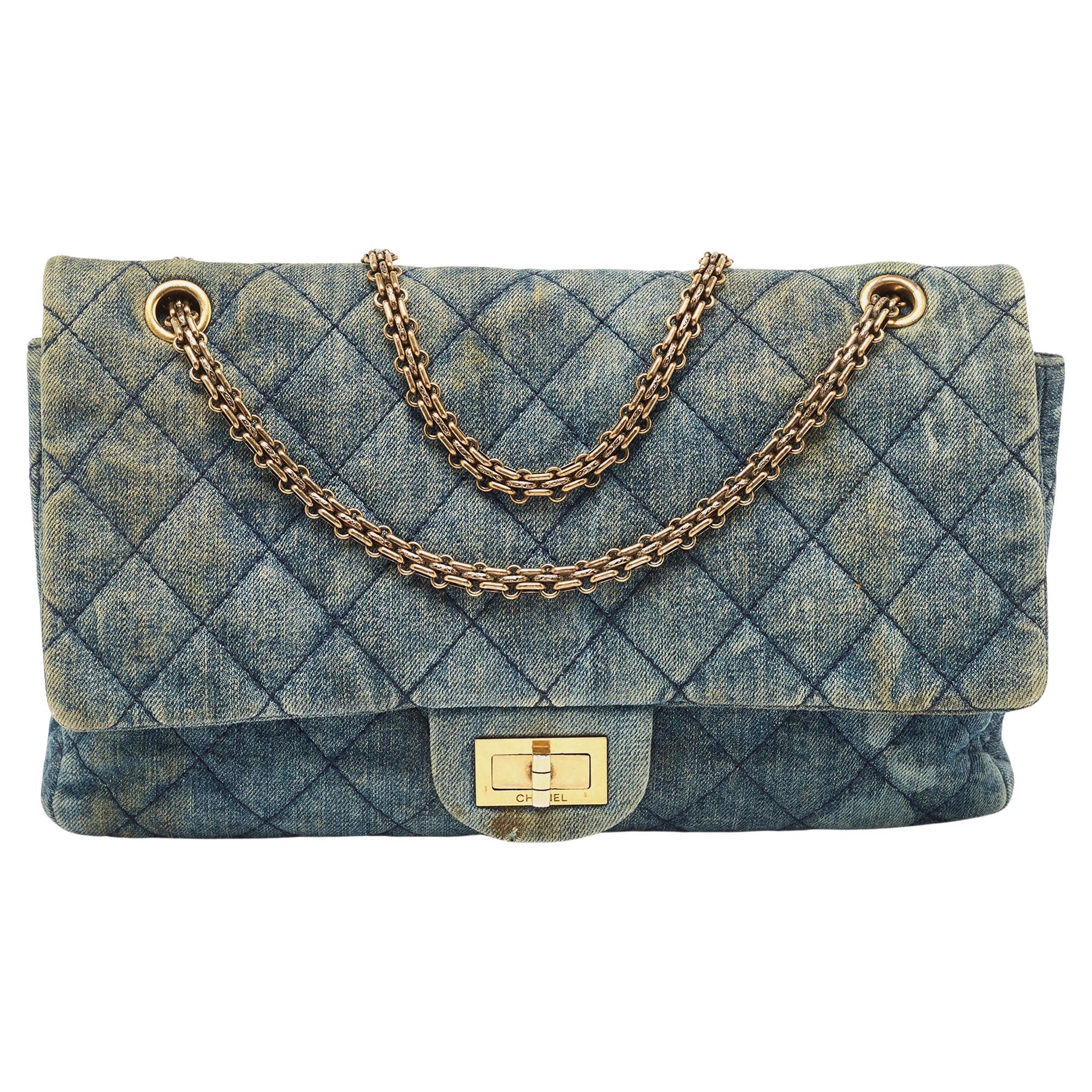 Chanel Blue Quilted Denim Classic 227 Reissue 2.55 Flap Bag For Sale