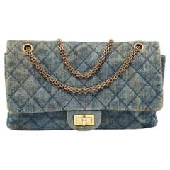 Used Chanel Blue Quilted Denim Classic 227 Reissue 2.55 Flap Bag