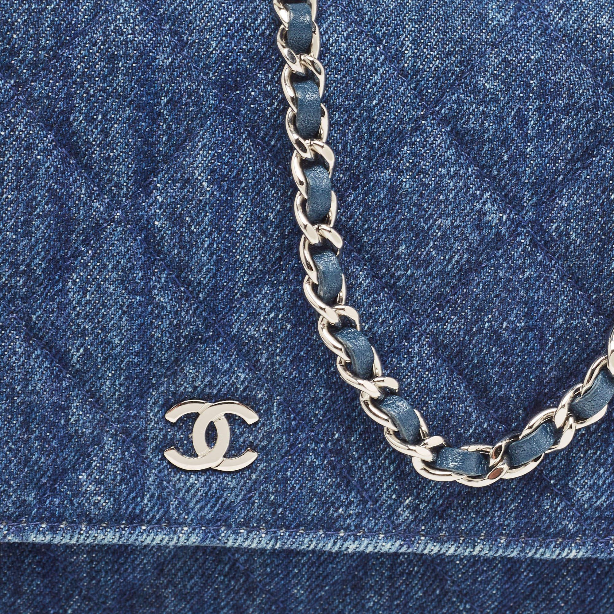Chanel Blue Quilted Denim Classic Wallet On Chain For Sale 7