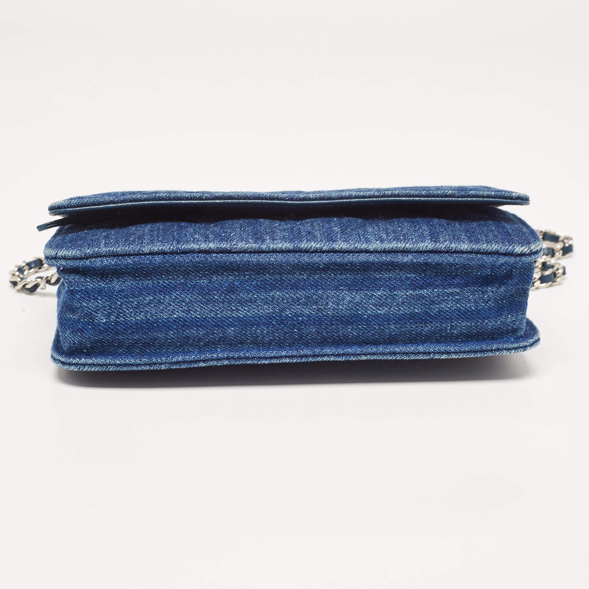 Chanel Blue Quilted Denim Classic Wallet On Chain For Sale 9