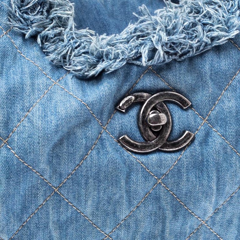 Chanel Blue Quilted Denim Fringe CC Hobo For Sale at 1stDibs