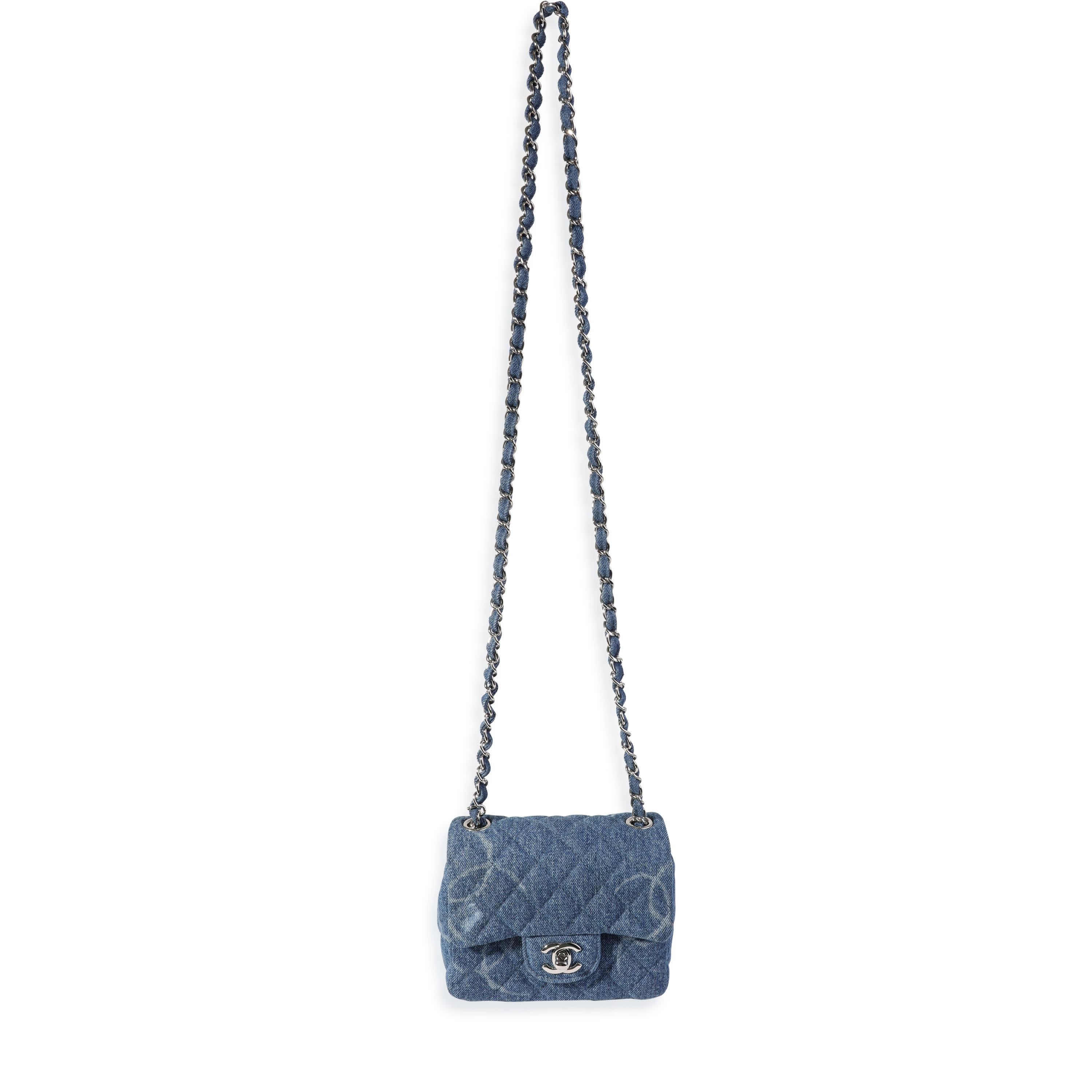 Listing Title: Chanel Blue Quilted Denim Square Mini Classic Flap Bag
SKU: 121230
Condition: Pre-owned 
Handbag Condition: Excellent
Brand: Chanel
Model: Denim Flap
Origin Country: France
Handbag Silhouette: Crossbody Bag;Shoulder Bag
Occasions:
