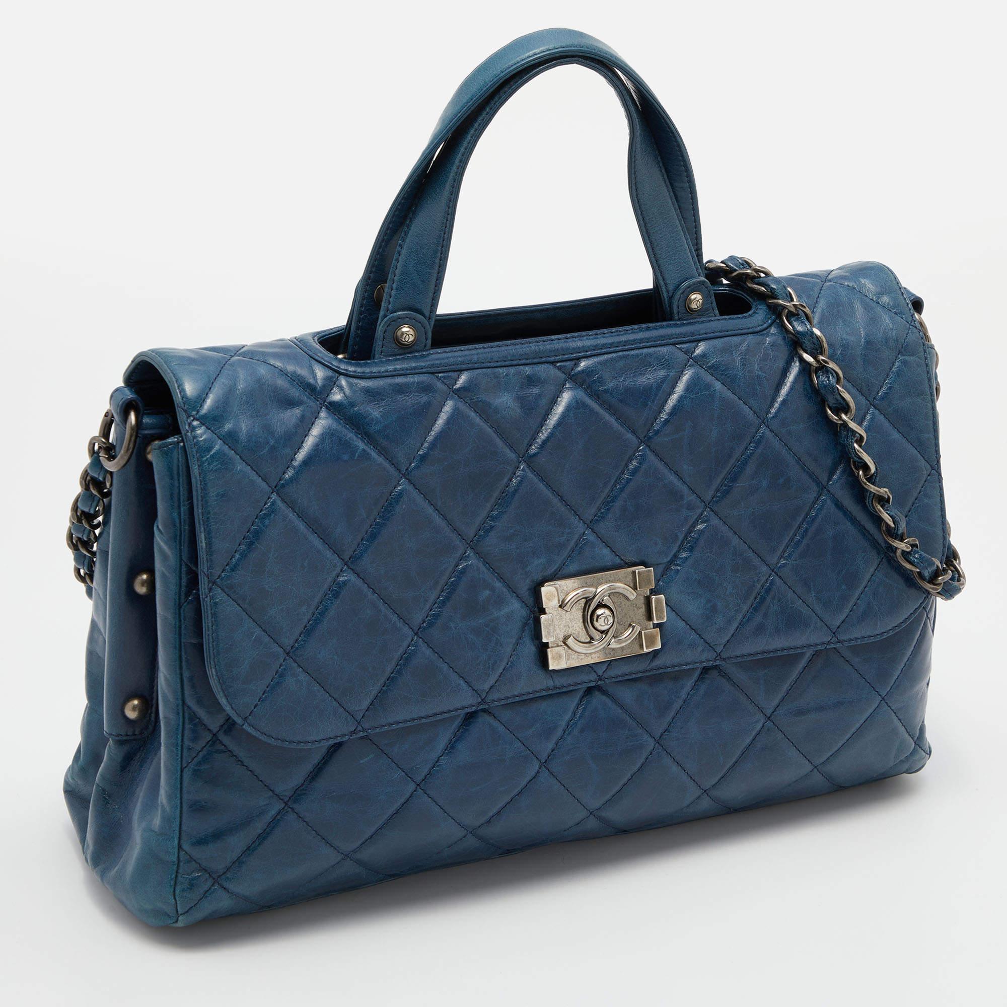 Women's Chanel Blue Quilted Glazed Leather Large Convertible Boy Bag