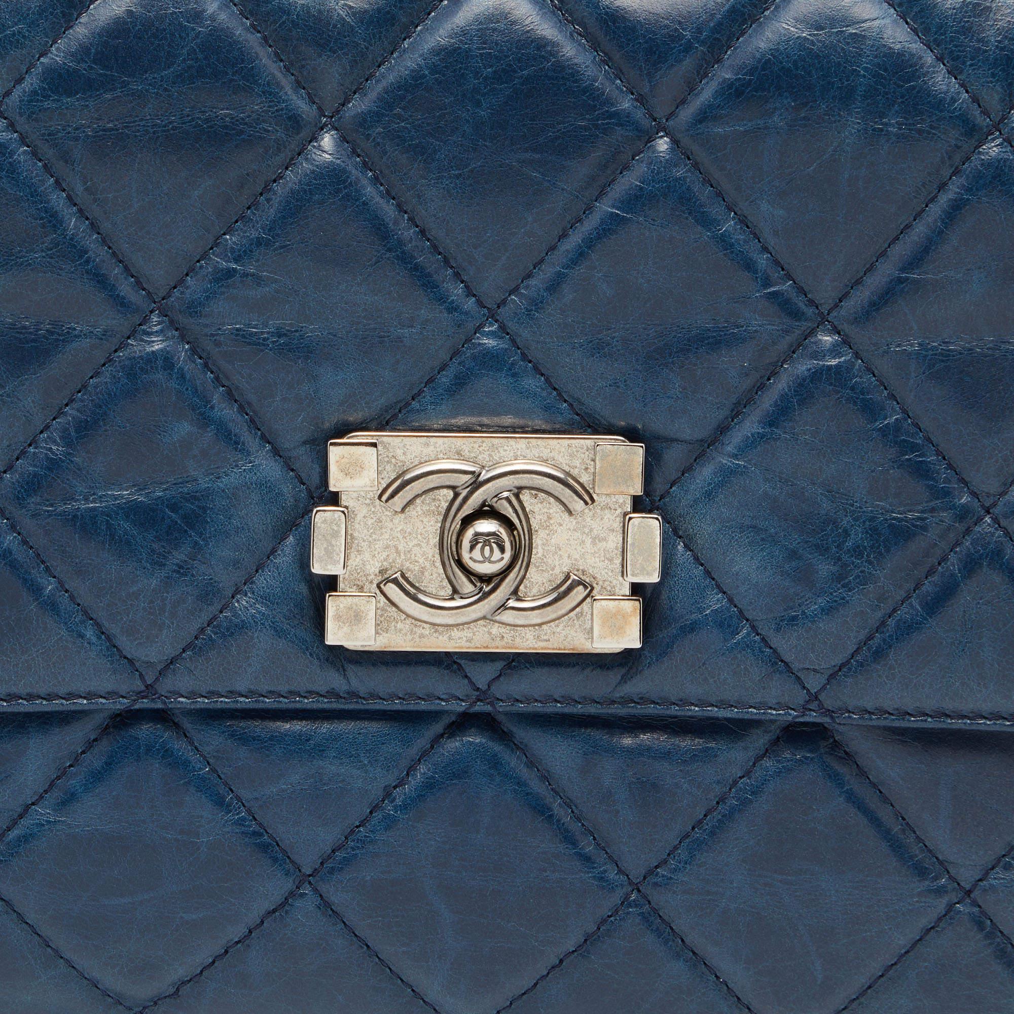 Chanel Blue Quilted Glazed Leather Large Convertible Boy Bag 4
