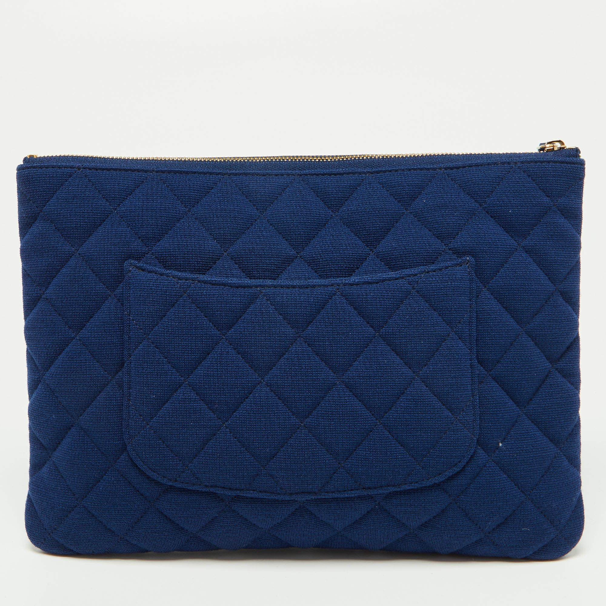 Chanel Blue Quilted Jersey Medium O Case Clutch 4
