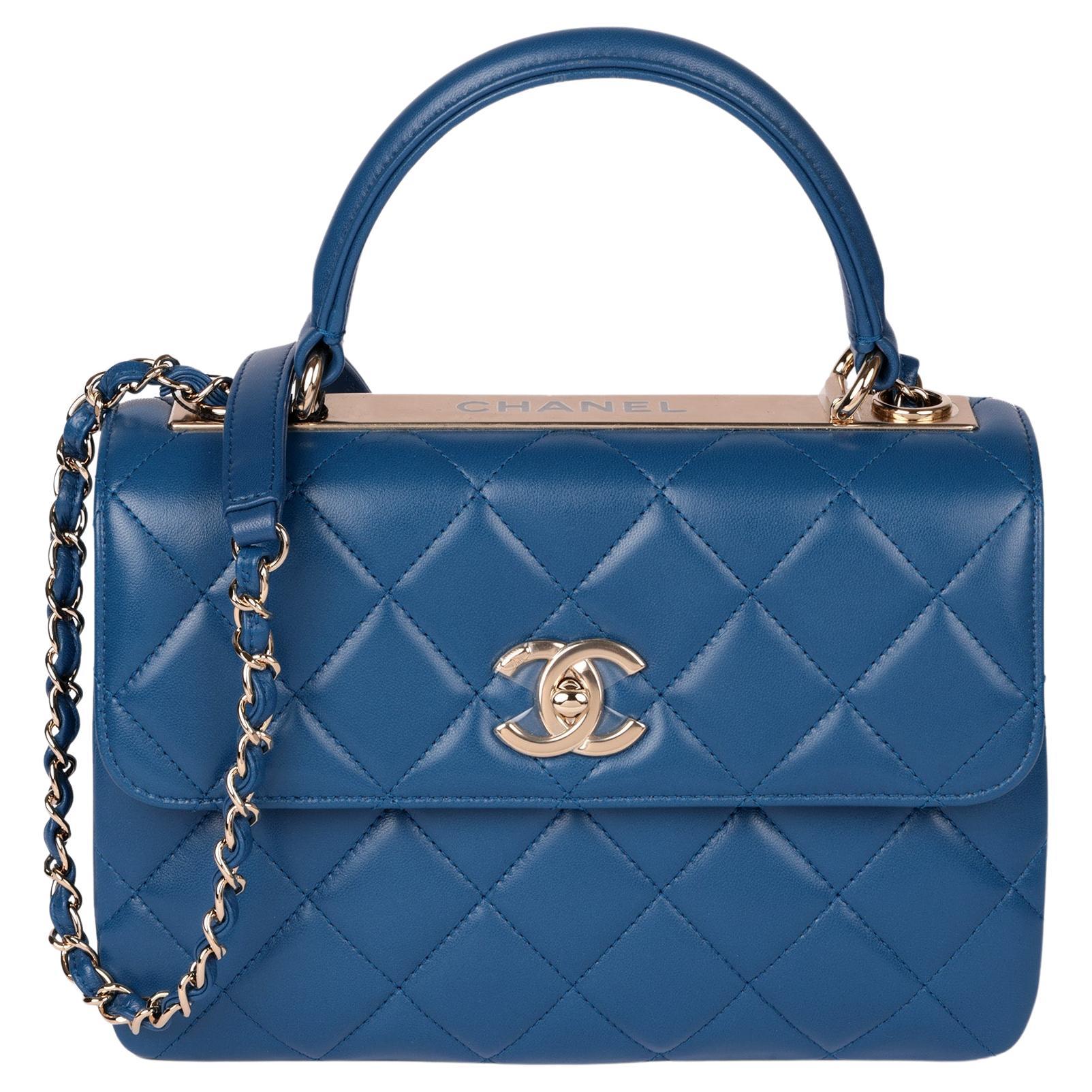 Chanel Blue Quilted Lambskin Leather Small Trendy CC Top Handle For Sale