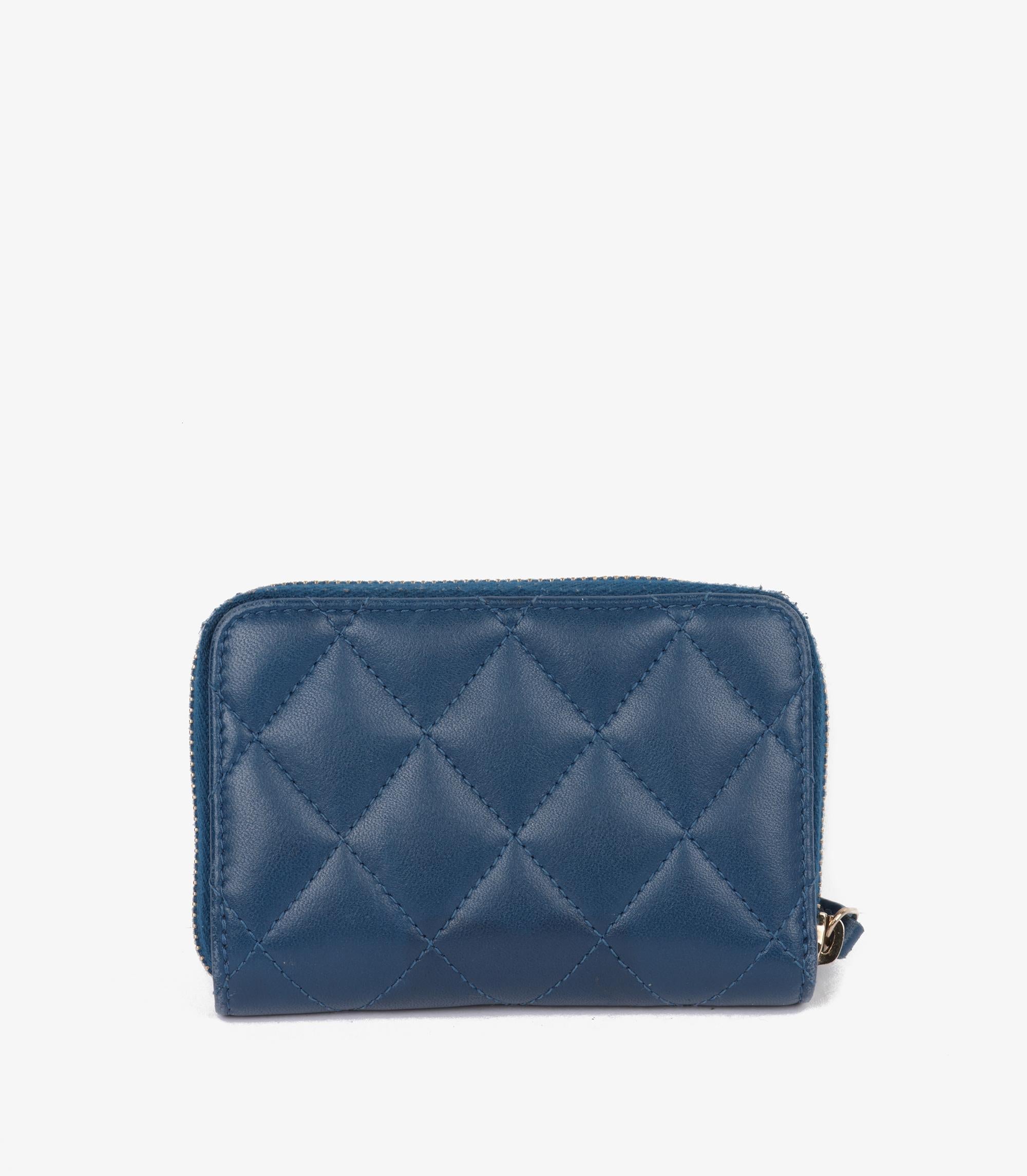Chanel Blue Quilted Lambskin Leather Zip Around Cardholder In Good Condition For Sale In Bishop's Stortford, Hertfordshire