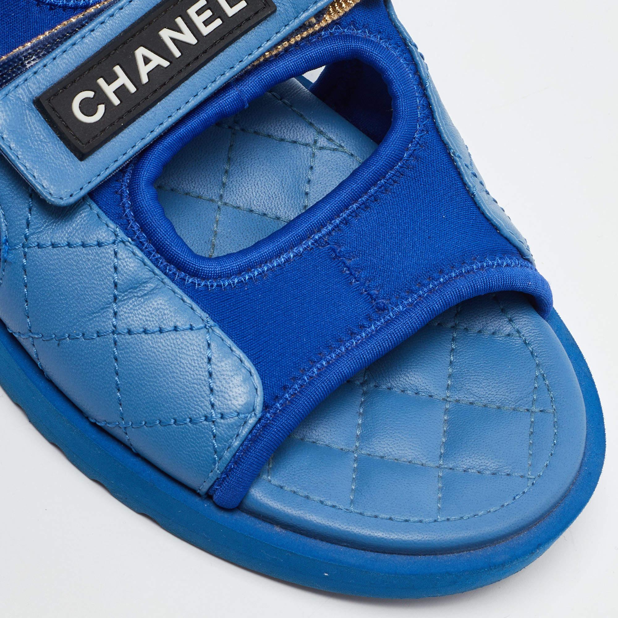 Chanel Blue Quilted Leather and Neoprene CC Ankle Strap Flat Sandals Size 39 1