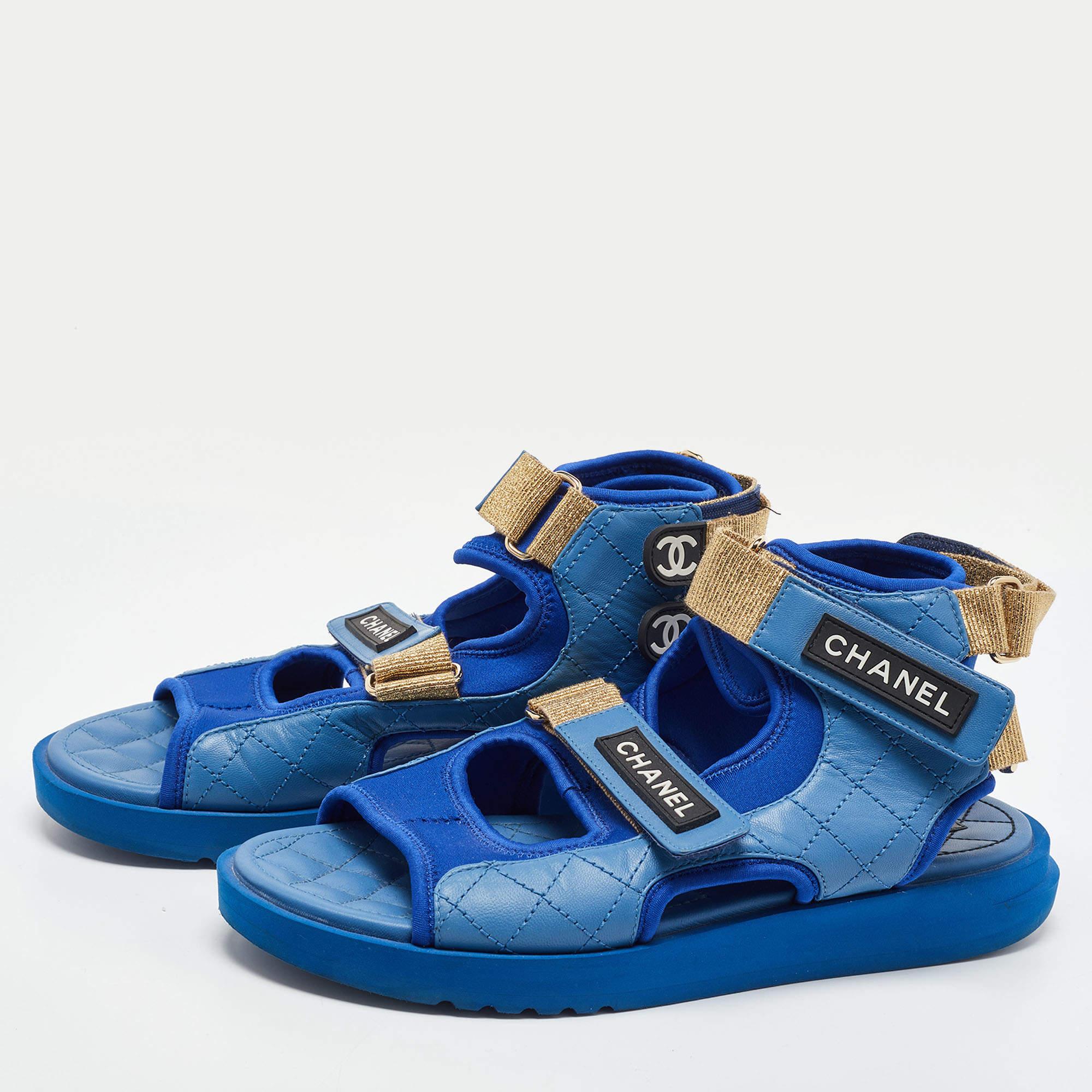 Chanel Blue Quilted Leather and Neoprene CC Ankle Strap Flat Sandals Size 39 2