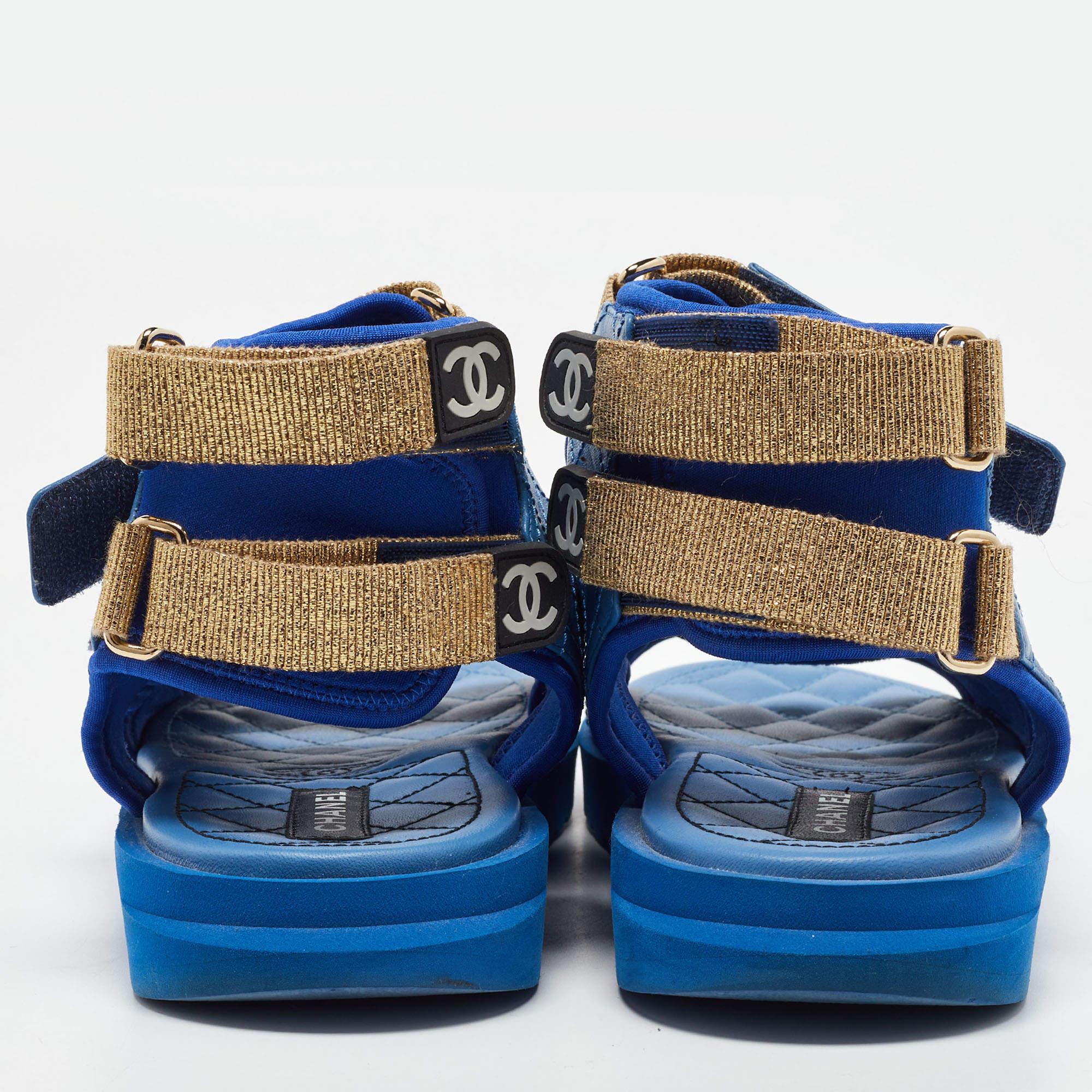 Chanel Blue Quilted Leather and Neoprene CC Ankle Strap Flat Sandals Size 39 4
