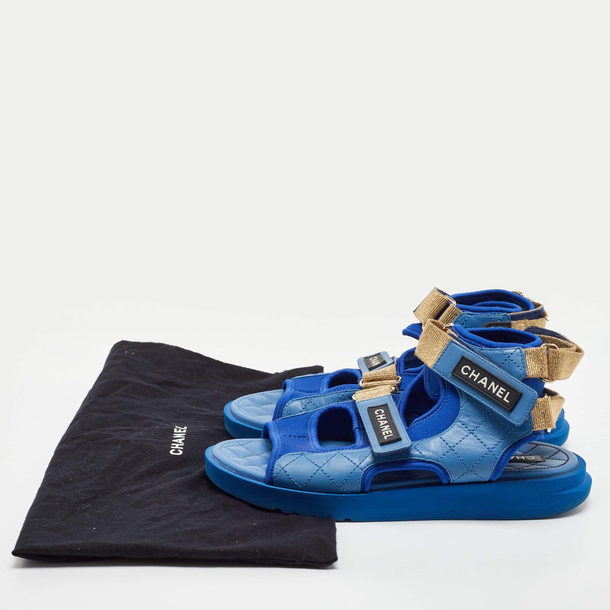 Chanel Blue Quilted Leather and Neoprene CC Ankle Strap Flat Sandals Size 39 5