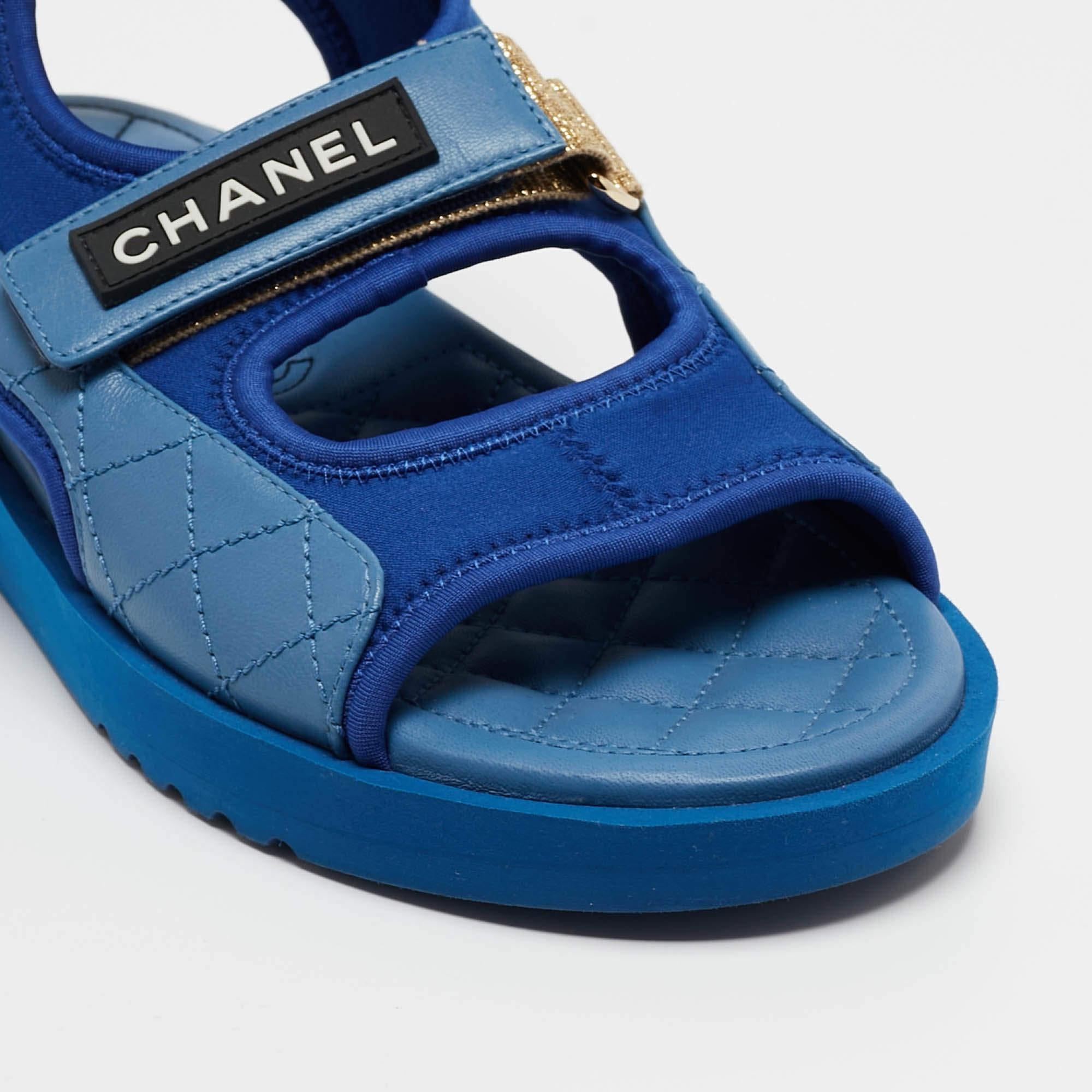 Women's Chanel Blue Quilted Leather and Neoprene CC Ankle Strap Flat Sandals Size 40