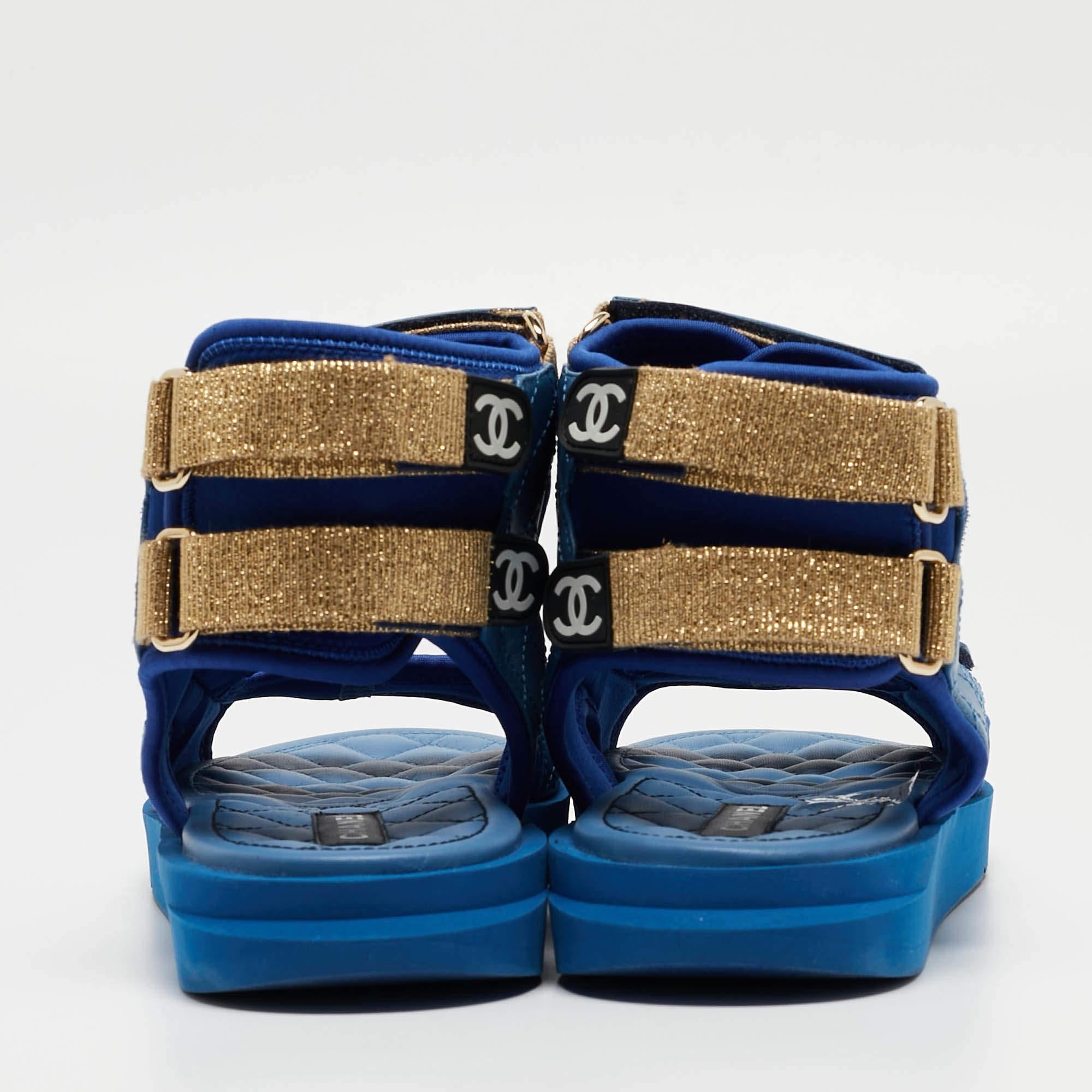 Chanel Blue Quilted Leather and Neoprene CC Ankle Strap Flat Sandals Size 40 1