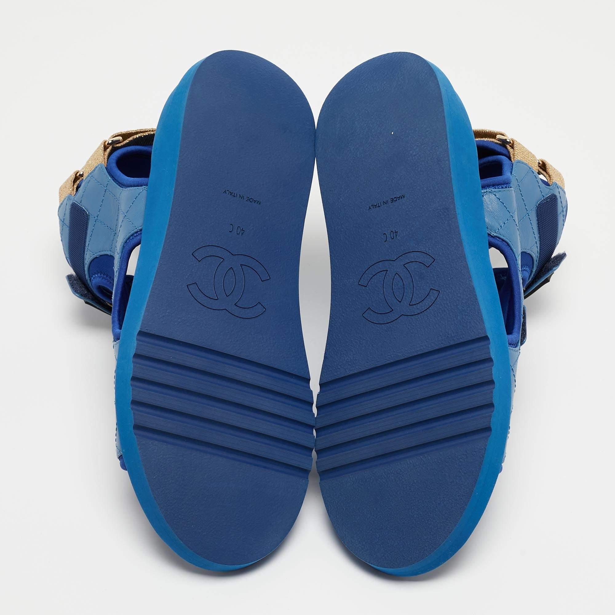 Chanel Blue Quilted Leather and Neoprene CC Ankle Strap Flat Sandals Size 40 2