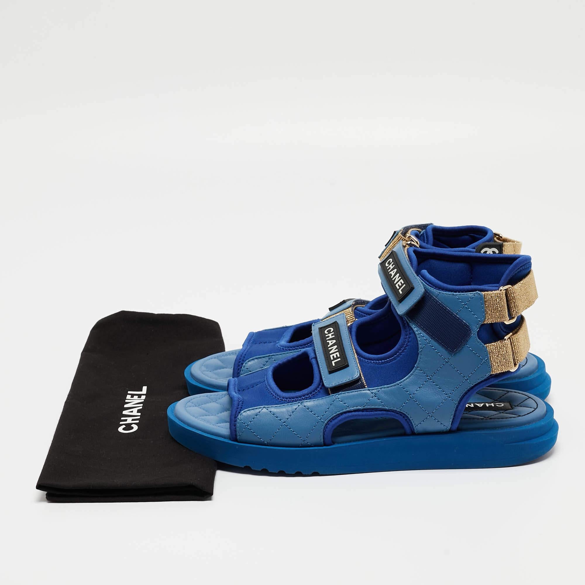 Chanel Blue Quilted Leather and Neoprene CC Ankle Strap Flat Sandals Size 40 4