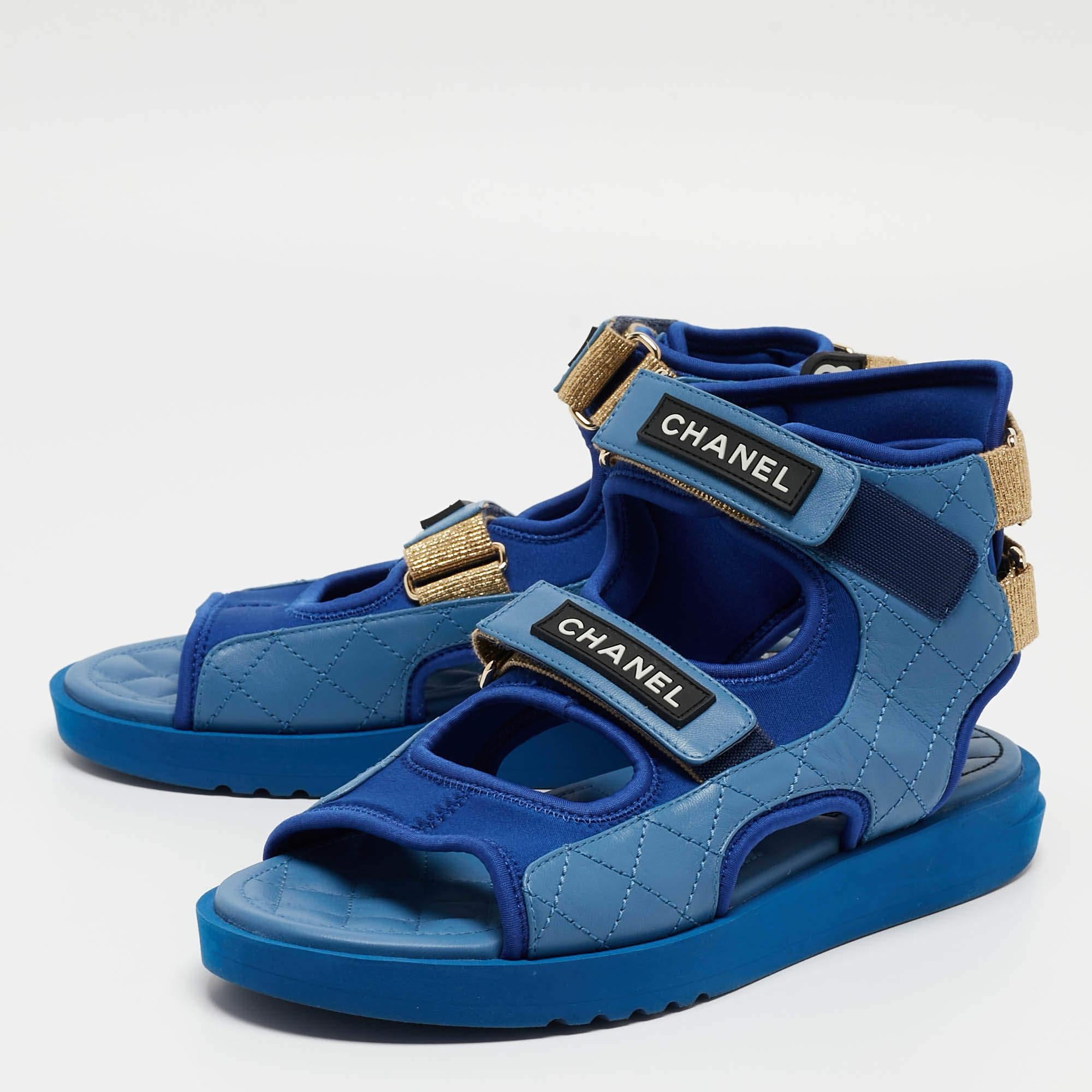 Chanel Blue Quilted Leather and Neoprene CC Ankle Strap Flat Sandals Size 40 5